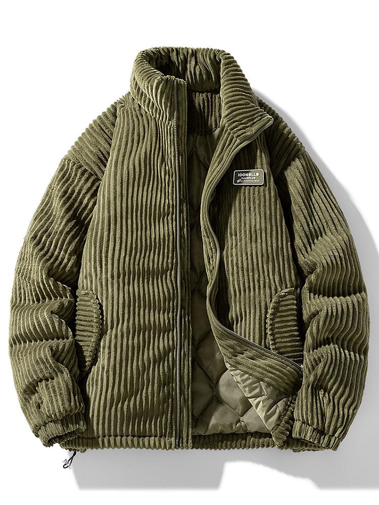 Men's Green Corduroy Quilted Jacket with Stand-up Collar and Zipper