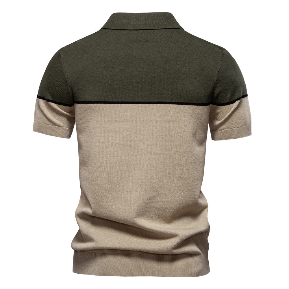 Men's Two-Tone V-Neck Polo Shirt with Ribbed Trim