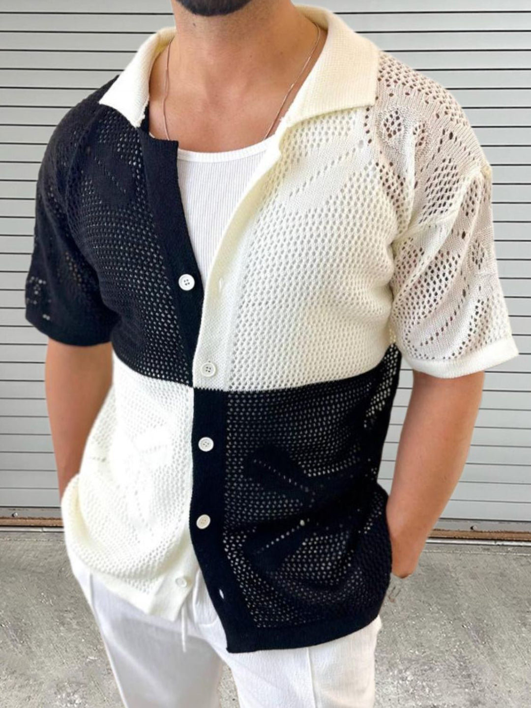 Contrast Button Down Hollow Out Shirt