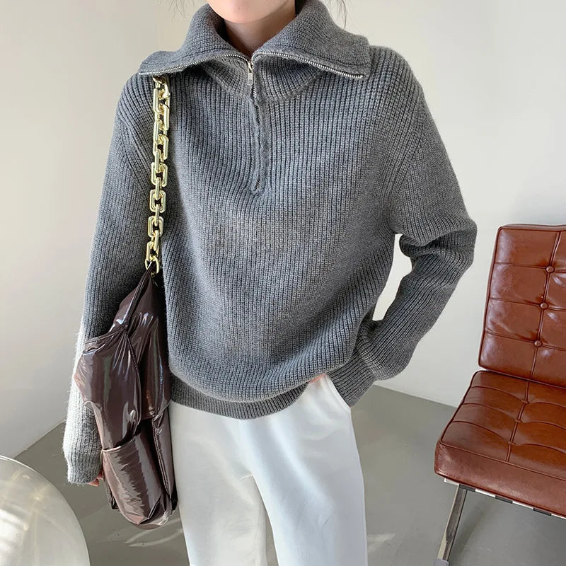 Cozy Chunky Knit Sweater with Zip Collar for Casual Warmth