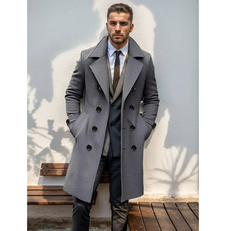 Men’s Double-Breasted Long Notched Collar Coat