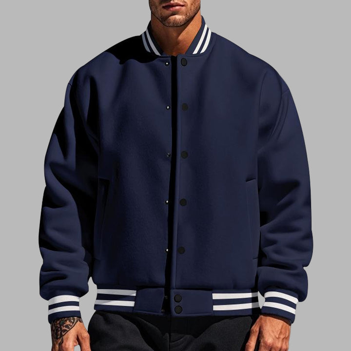Classic Button-Up Baseball Jacket with Stand-Up Collar