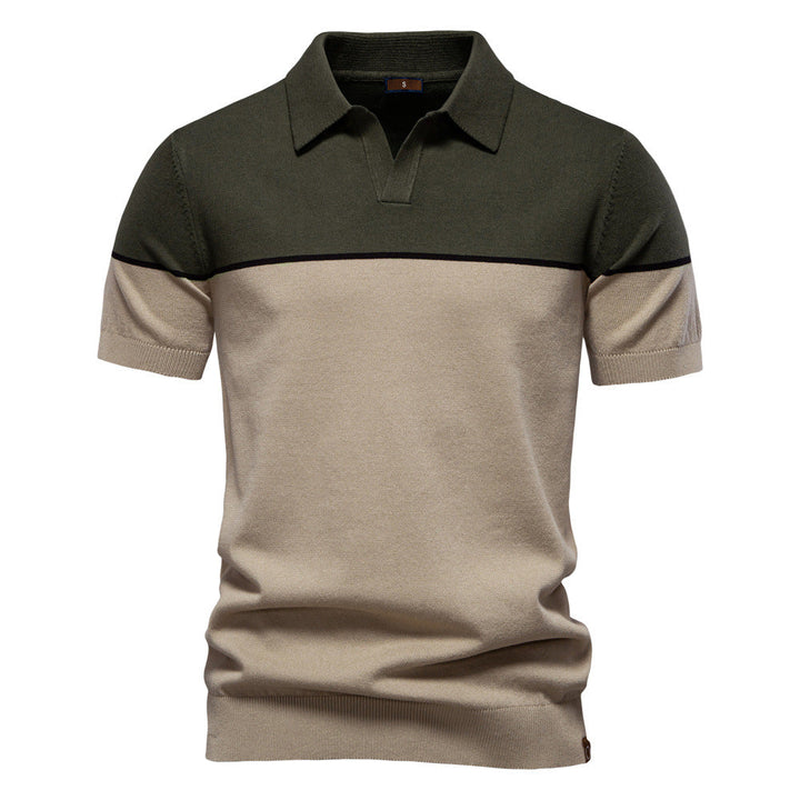 Men's Two-Tone V-Neck Polo Shirt with Ribbed Trim