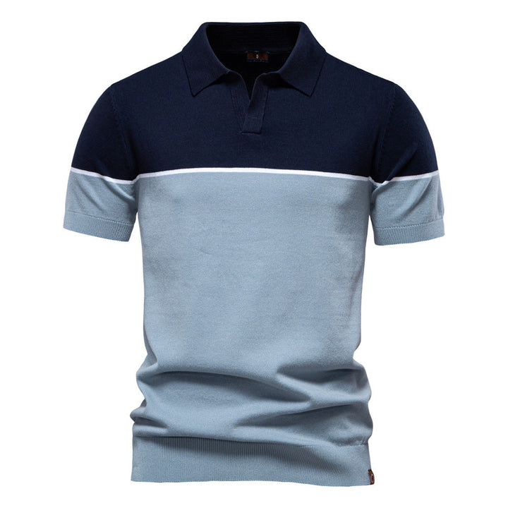 Men's Two-Tone V-Neck Polo Shirt with Ribbed Trim