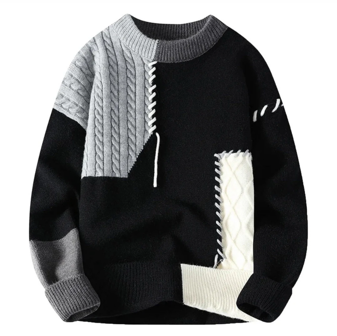 Men's Chunky Knit Sweater with Patchwork Design