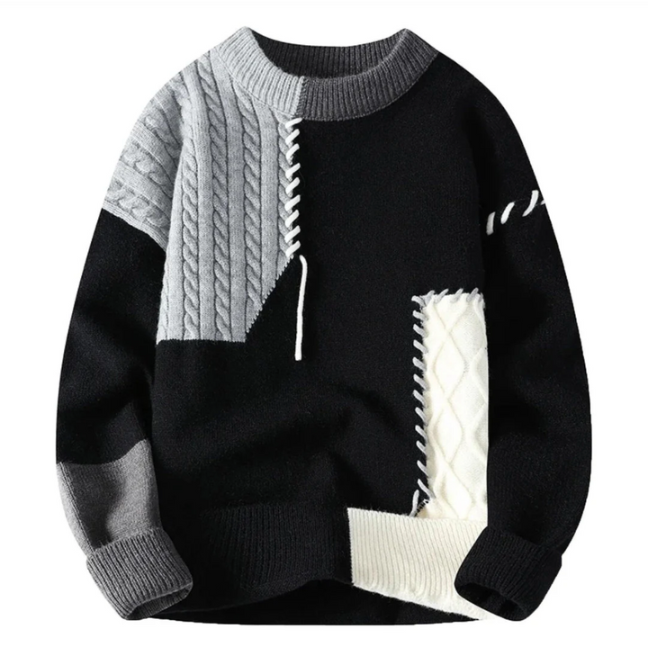 Men's Chunky Knit Sweater with Patchwork Design