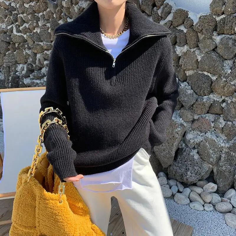 Cozy Chunky Knit Sweater with Zip Collar for Casual Warmth