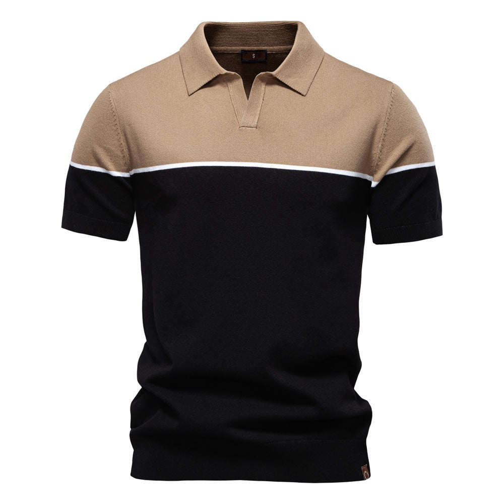 Men's Two-Tone V-Neck Polo Shirt with Ribbed Trim