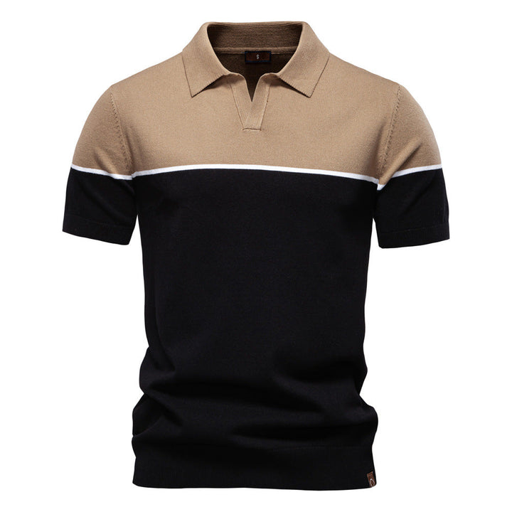 Men's Two-Tone V-Neck Polo Shirt with Ribbed Trim