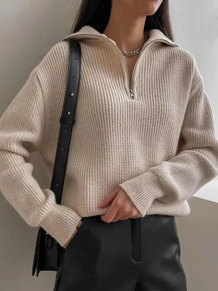 Cozy Chunky Knit Sweater with Zip Collar for Casual Warmth