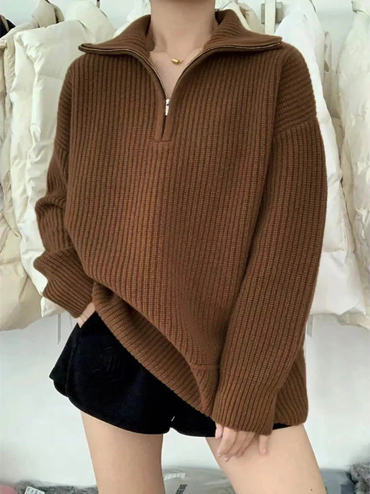 Cozy Chunky Knit Sweater with Zip Collar for Casual Warmth