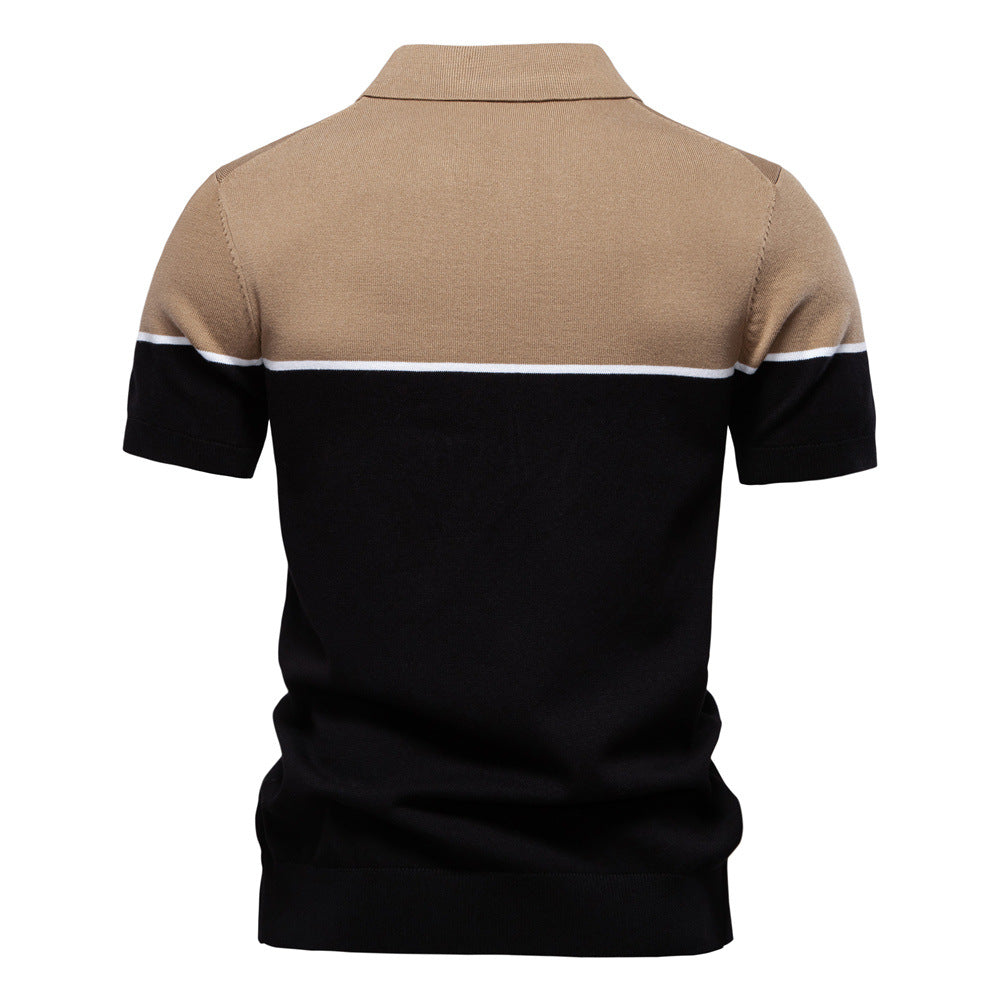 Men's Two-Tone V-Neck Polo Shirt with Ribbed Trim
