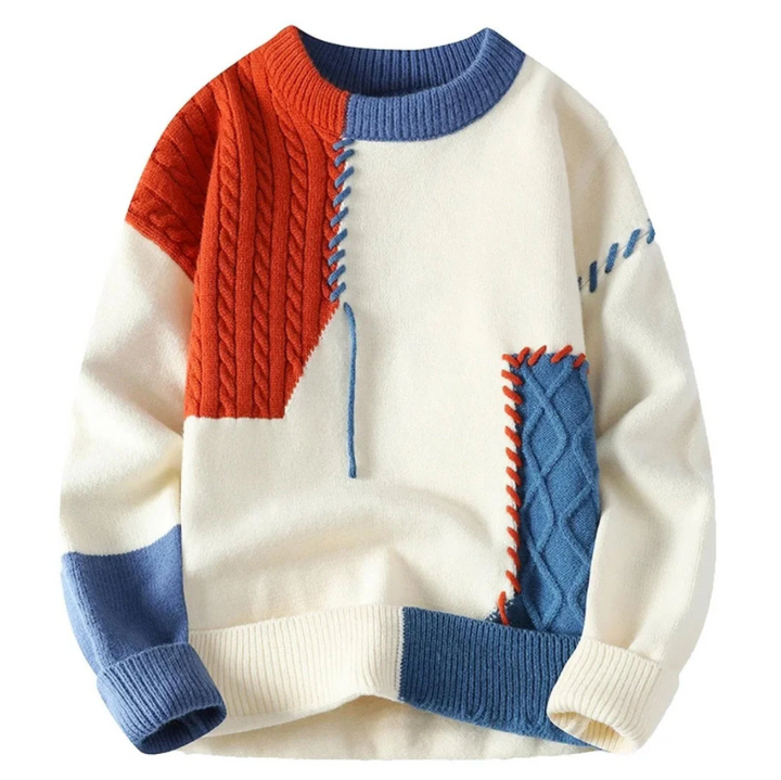 Men's Chunky Knit Sweater with Patchwork Design