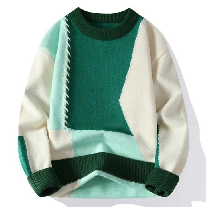 Men's Chunky Knit Sweater with Patchwork Design