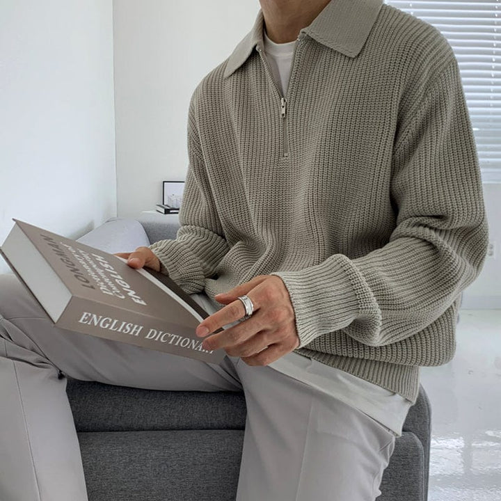 Cozy Knitted Half Zip Sweater with Adjustable Collar