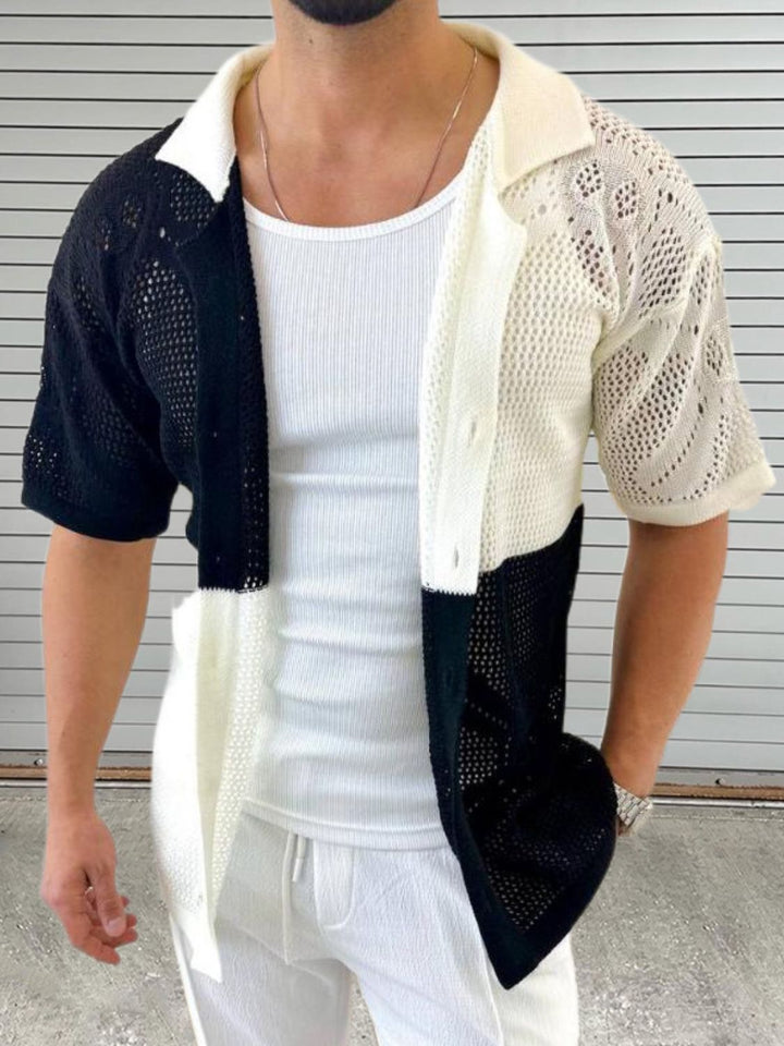 Contrast Button Down Hollow Out Shirt