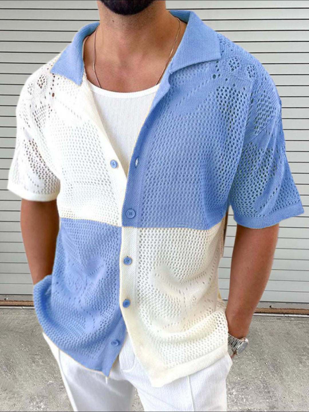 Contrast Button Down Hollow Out Shirt