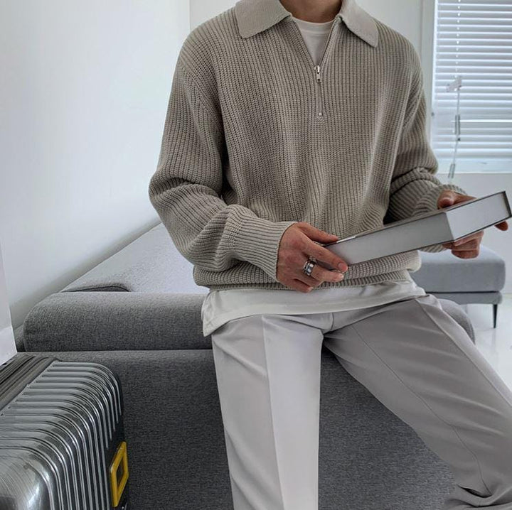 Cozy Knitted Half Zip Sweater with Adjustable Collar