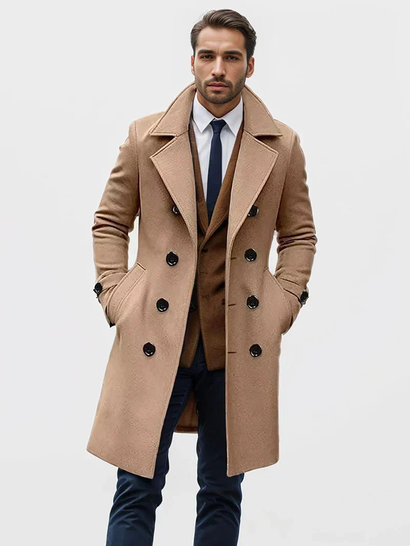 Men’s Double-Breasted Long Notched Collar Coat