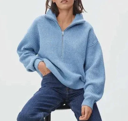 Cozy Chunky Knit Sweater with Zip Collar for Casual Warmth
