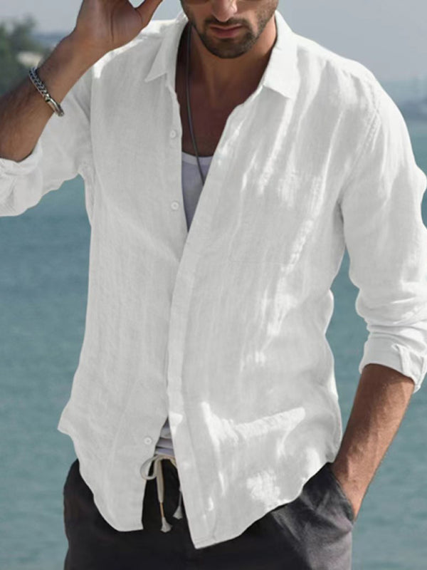 Casual Long Sleeved Cotton Linen Solid Color Shirt